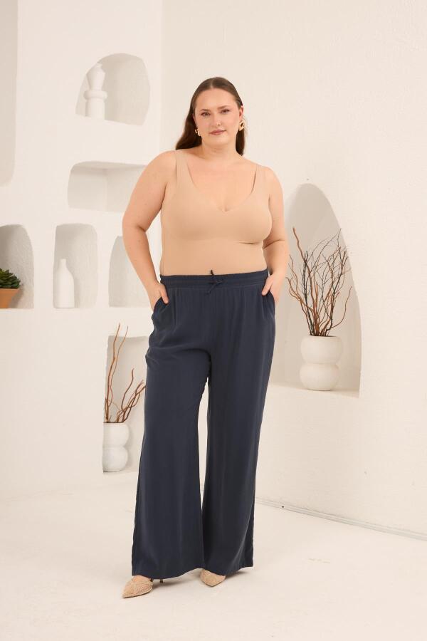 Bel Bağcık Detaylı Beli Lastikli Kadın Büyük Beden Pantolon Lacivert - 4
