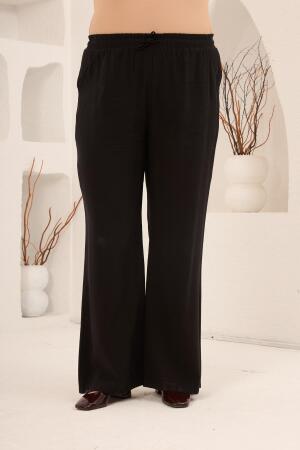 Bel Bağcık Detaylı Beli Lastikli Kadın Büyük Beden Pantolon Siyah - RMG
