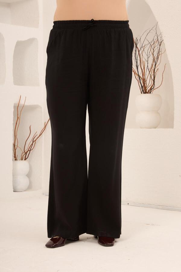 Bel Bağcık Detaylı Beli Lastikli Kadın Büyük Beden Pantolon Siyah - 1