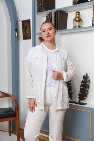Bel Bağcık Detaylı Büyük Beden Beyaz Keten Ceket - 3
