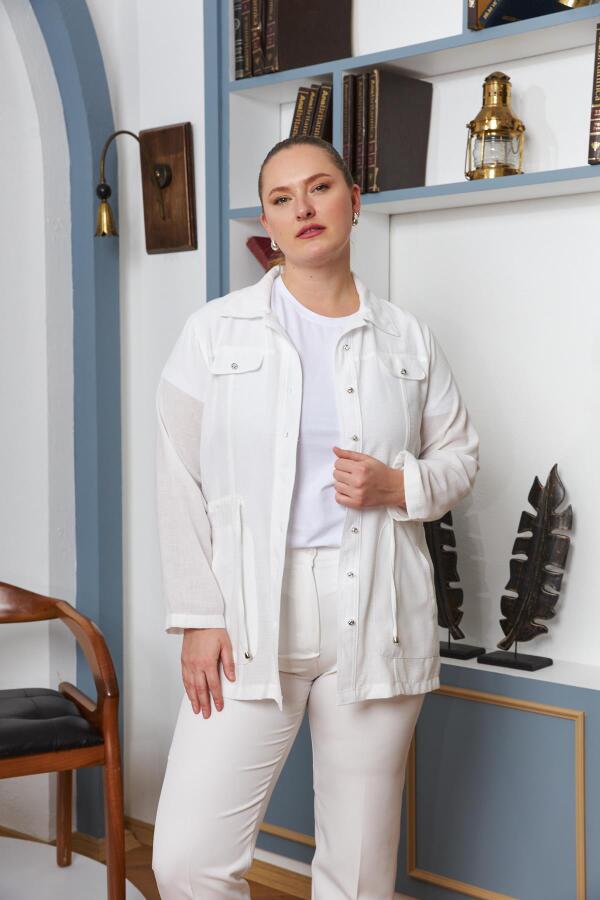 Bel Bağcık Detaylı Büyük Beden Beyaz Keten Ceket - 3
