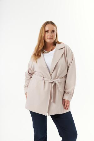 Bel Bağcık Detaylı Büyük Beden Ceket Krem - RMG (1)