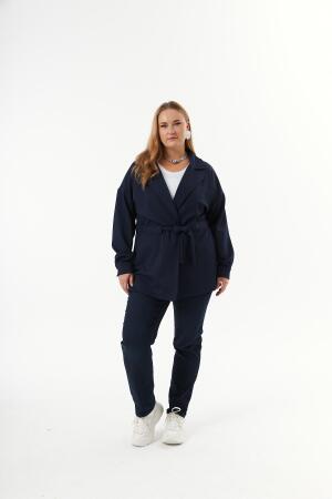 Bel Bağcık Detaylı Büyük Beden Ceket Lacivert - 6