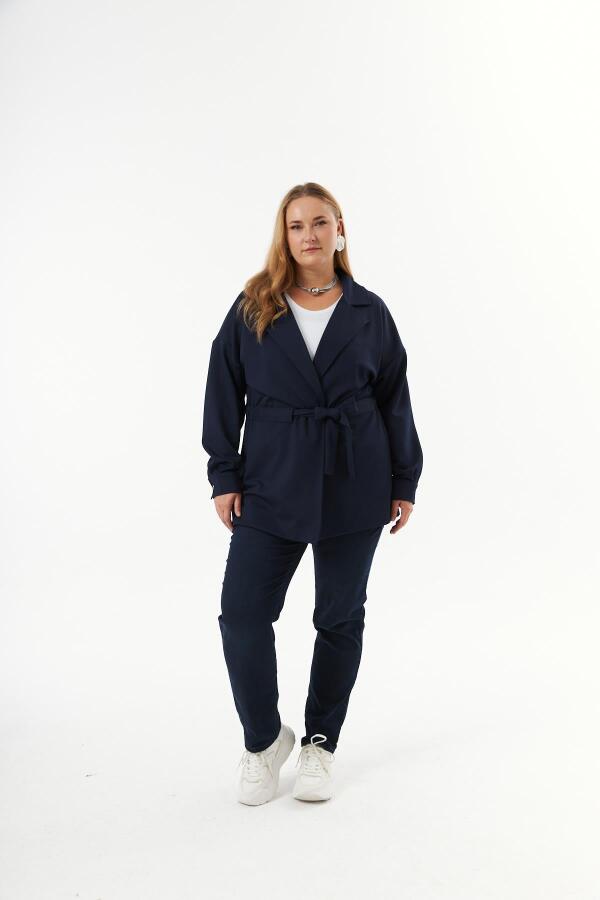 Bel Bağcık Detaylı Büyük Beden Ceket Lacivert - 6