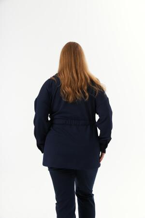 Bel Bağcık Detaylı Büyük Beden Ceket Lacivert - 7