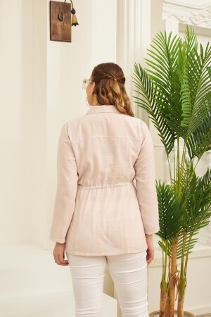 Bel Bağcık Detaylı Büyük Beden Krem Keten Ceket - 5