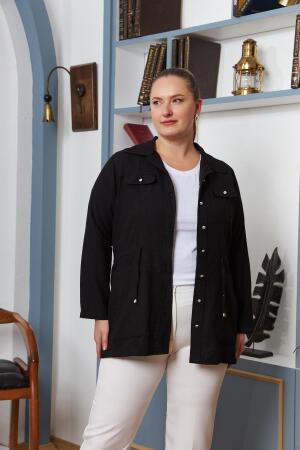 Bel Bağcık Detaylı Büyük Beden Siyah Keten Ceket - 3