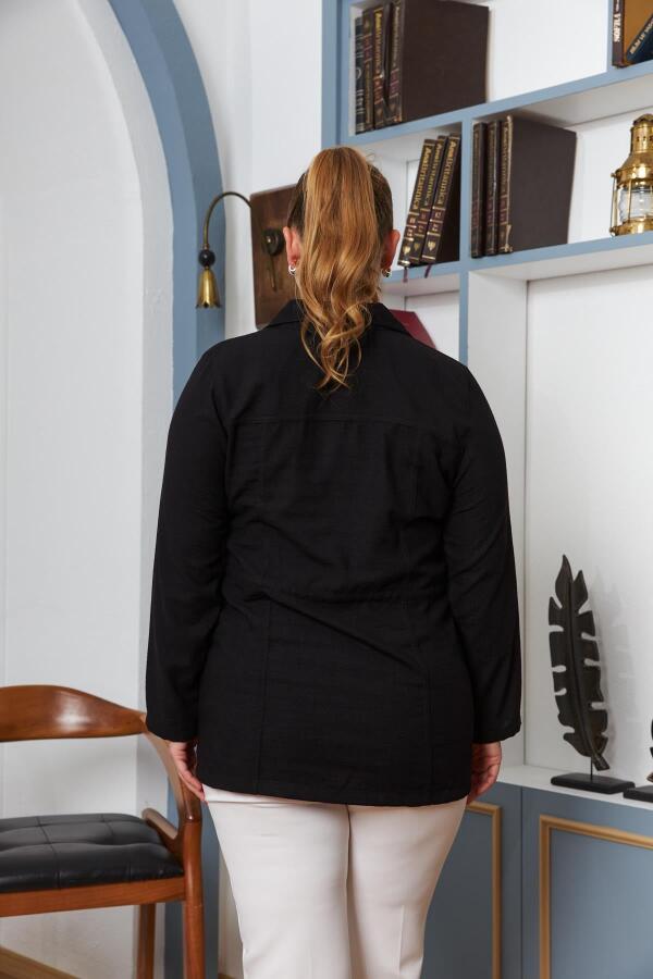Bel Bağcık Detaylı Büyük Beden Siyah Keten Ceket - 4