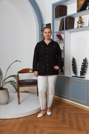 Bel Bağcık Detaylı Büyük Beden Siyah Keten Ceket - 5