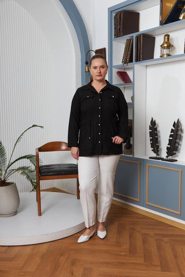 Bel Bağcık Detaylı Büyük Beden Siyah Keten Ceket - 5