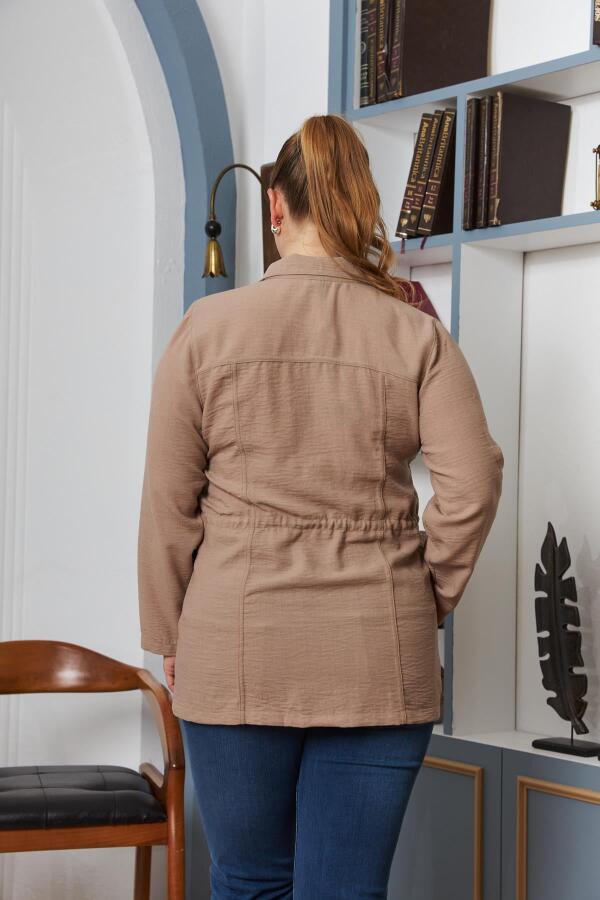 Bel Bağcık Detaylı Büyük Beden Vizon Keten Ceket - 4