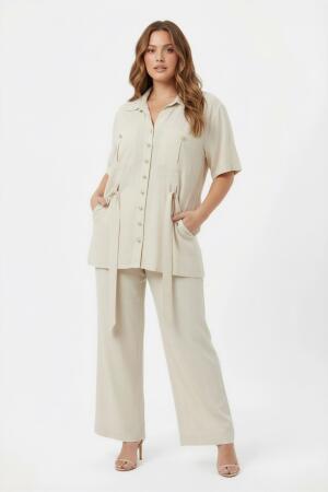 Bel Bağcık Detaylı Kadın Büyük Beden Ceket Pantolon İkili Takım Bej - RMG