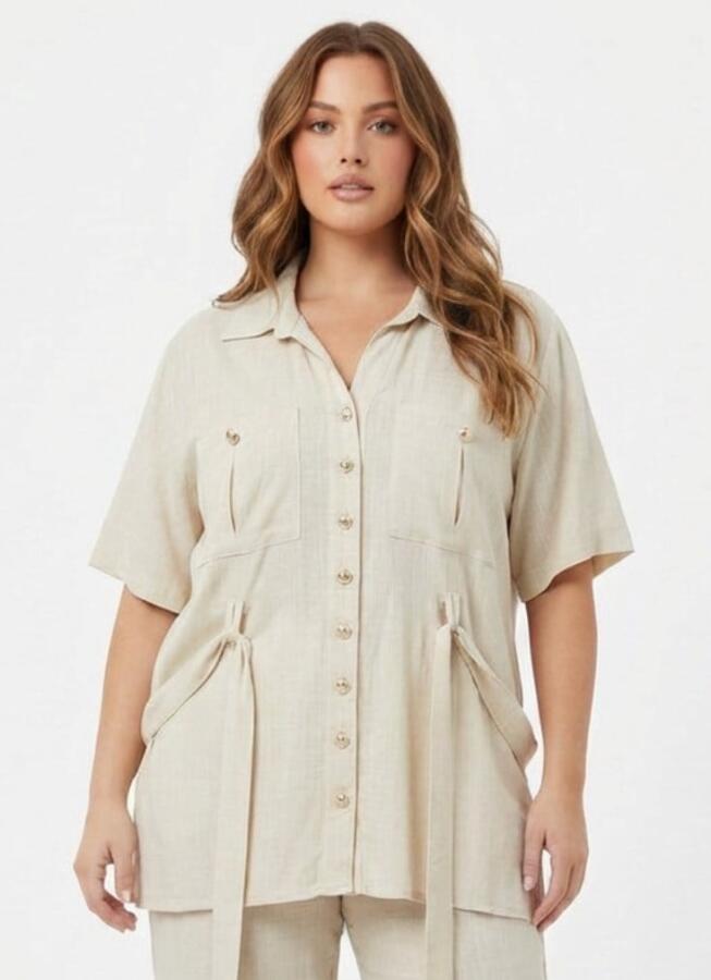 Bel Bağcık Detaylı Kadın Büyük Beden Ceket Pantolon İkili Takım Bej - 2