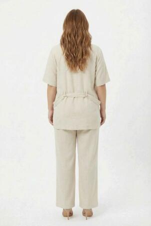 Bel Bağcık Detaylı Kadın Büyük Beden Ceket Pantolon İkili Takım Bej - 5