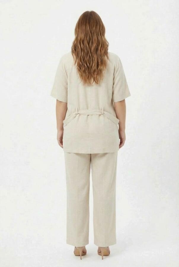 Bel Bağcık Detaylı Kadın Büyük Beden Ceket Pantolon İkili Takım Bej - 5