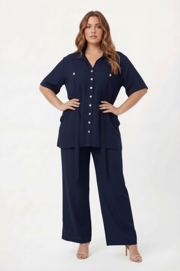 Bel Bağcık Detaylı Kadın Büyük Beden Ceket Pantolon İkili Takım Lacivert - 1