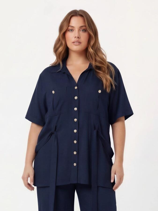 Bel Bağcık Detaylı Kadın Büyük Beden Ceket Pantolon İkili Takım Lacivert - 2