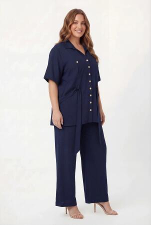 Bel Bağcık Detaylı Kadın Büyük Beden Ceket Pantolon İkili Takım Lacivert - 3