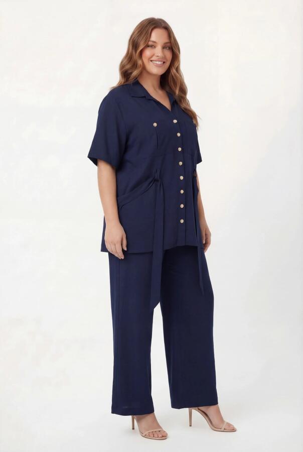Bel Bağcık Detaylı Kadın Büyük Beden Ceket Pantolon İkili Takım Lacivert - 3