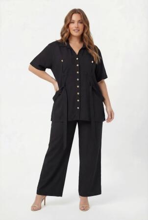 Bel Bağcık Detaylı Kadın Büyük Beden Ceket Pantolon İkili Takım Siyah - RMG