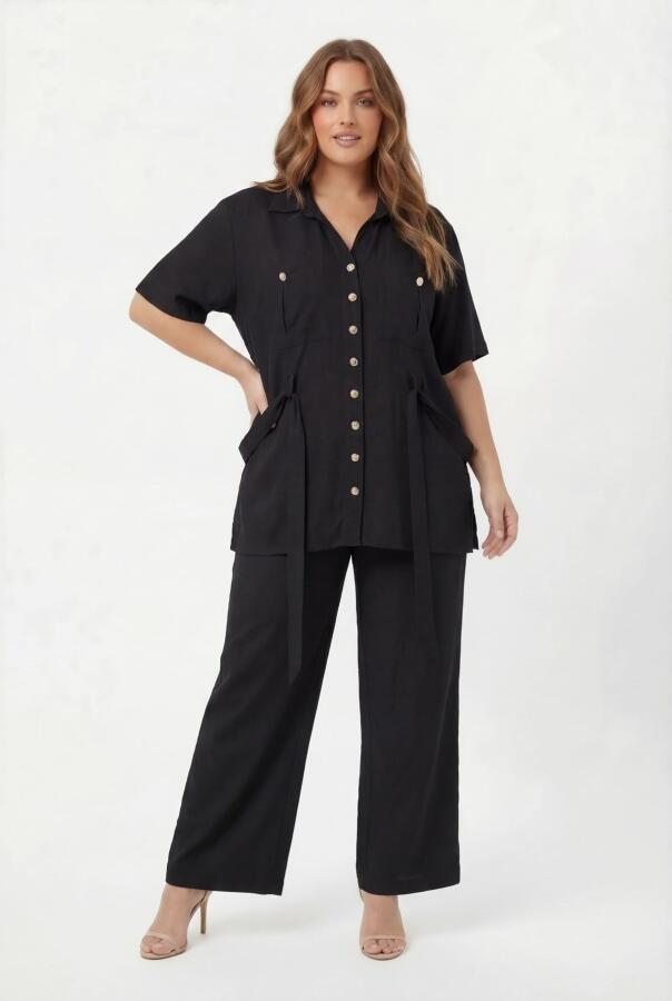 Bel Bağcık Detaylı Kadın Büyük Beden Ceket Pantolon İkili Takım Siyah - 1