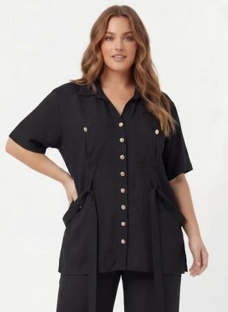 Bel Bağcık Detaylı Kadın Büyük Beden Ceket Pantolon İkili Takım Siyah - RMG (1)