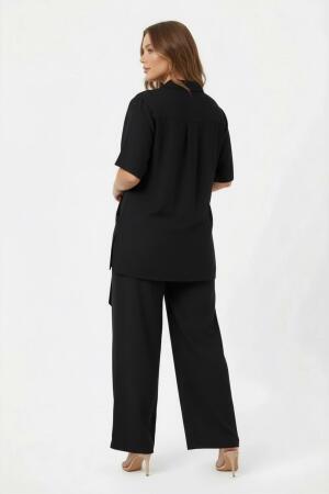 Bel Bağcık Detaylı Kadın Büyük Beden Ceket Pantolon İkili Takım Siyah - 4