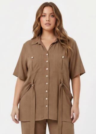 Bel Bağcık Detaylı Kadın Büyük Beden Ceket Pantolon İkili Takım Vizon - RMG (1)