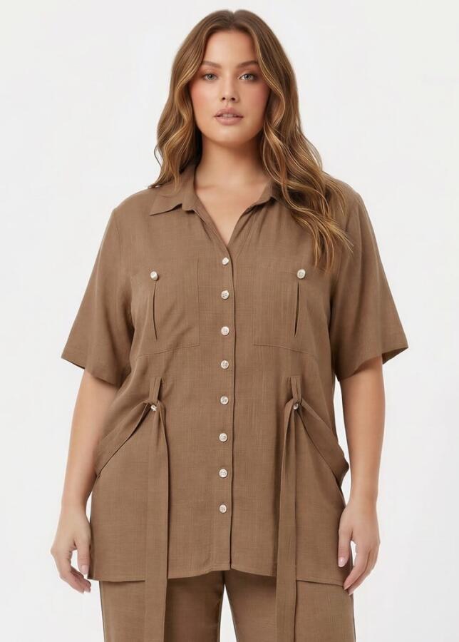 Bel Bağcık Detaylı Kadın Büyük Beden Ceket Pantolon İkili Takım Vizon - 2