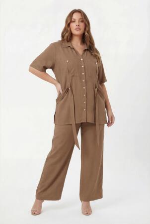 Bel Bağcık Detaylı Kadın Büyük Beden Ceket Pantolon İkili Takım Vizon - 3