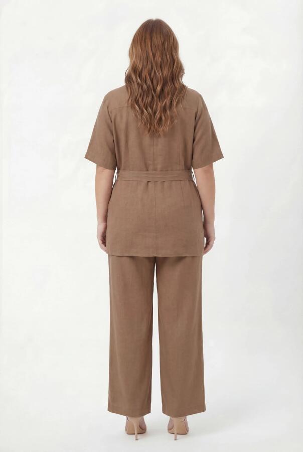 Bel Bağcık Detaylı Kadın Büyük Beden Ceket Pantolon İkili Takım Vizon - 5