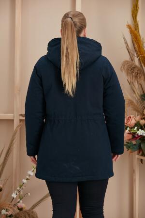 Bel Bağcık Detaylı Kapşonlu Büyük Beden Lacivert Kaban - 4