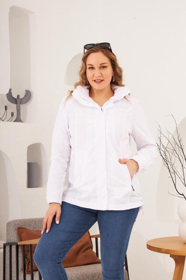 Bel Bağcık Detaylı Kolları Lastikli Büyük Beden Beyaz Trençkot - 1