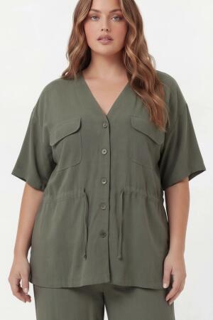 Bel Bağcık Detaylı V Yaka Kadın Büyük Beden Ceket Pantolon Takım Haki - RMG (1)