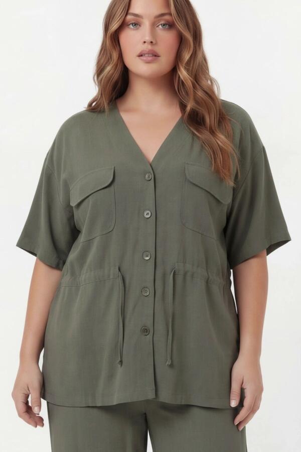 Bel Bağcık Detaylı V Yaka Kadın Büyük Beden Ceket Pantolon Takım Haki - 2