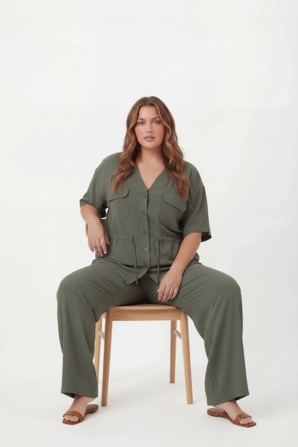 Bel Bağcık Detaylı V Yaka Kadın Büyük Beden Ceket Pantolon Takım Haki - 3