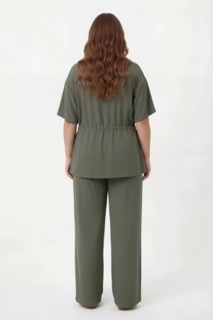 Bel Bağcık Detaylı V Yaka Kadın Büyük Beden Ceket Pantolon Takım Haki - 4