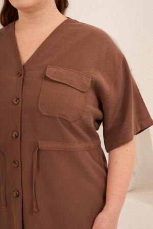 Bel Bağcık Detaylı V Yaka Kadın Büyük Beden Ceket Pantolon Takım Kahve - 3