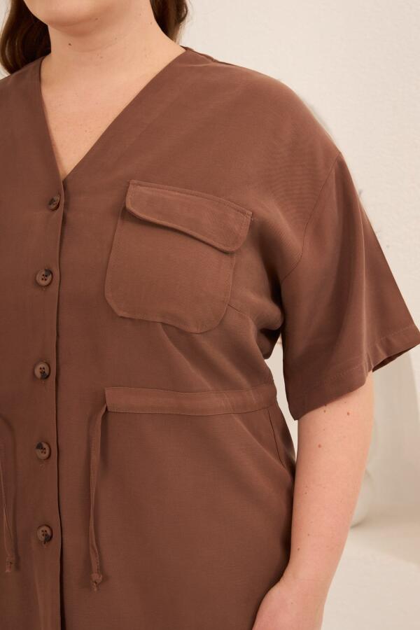 Bel Bağcık Detaylı V Yaka Kadın Büyük Beden Ceket Pantolon Takım Kahve - 3