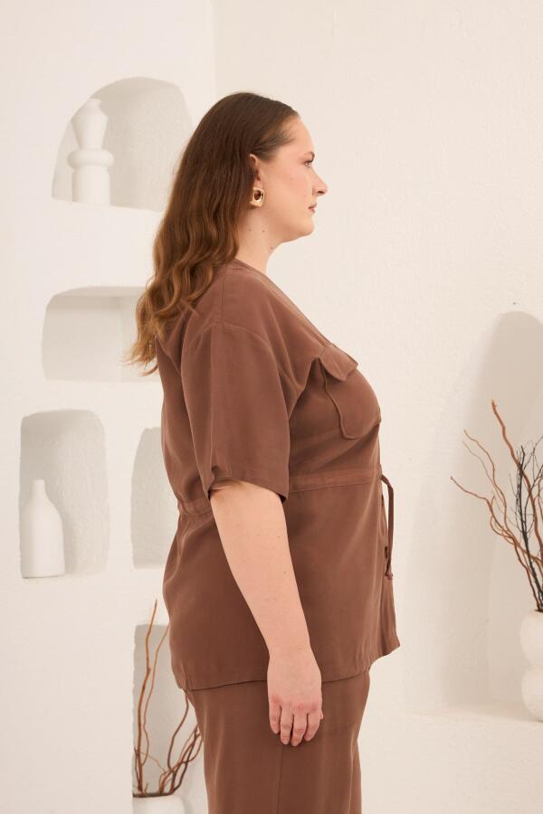 Bel Bağcık Detaylı V Yaka Kadın Büyük Beden Ceket Pantolon Takım Kahve - 4