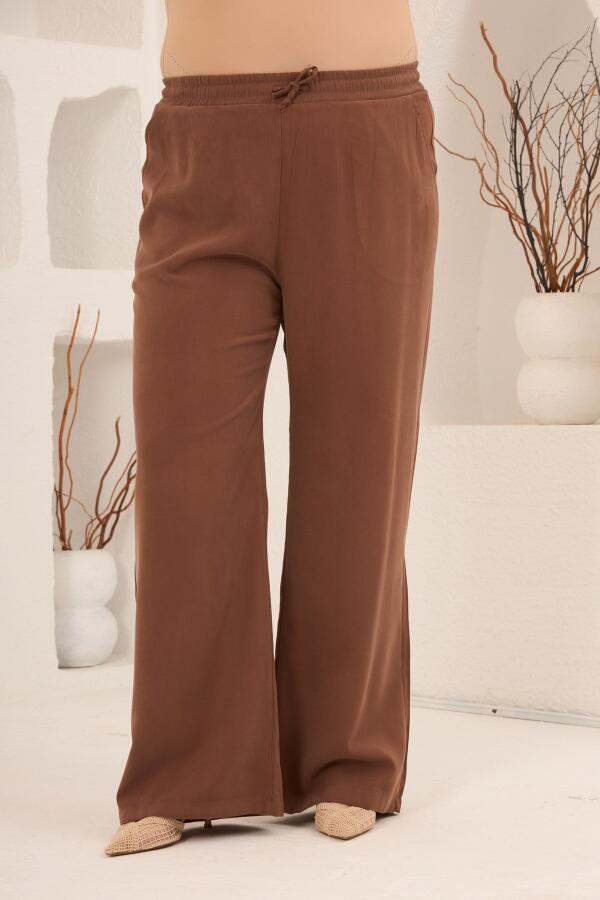 Bel Bağcık Detaylı V Yaka Kadın Büyük Beden Ceket Pantolon Takım Kahve - 5