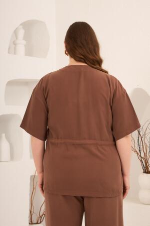 Bel Bağcık Detaylı V Yaka Kadın Büyük Beden Ceket Pantolon Takım Kahve - 6