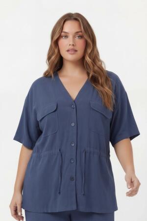 Bel Bağcık Detaylı V Yaka Kadın Büyük Beden Ceket Pantolon Takım Lacivert - RMG (1)