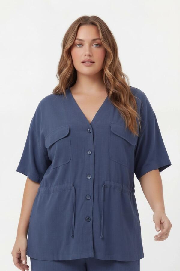 Bel Bağcık Detaylı V Yaka Kadın Büyük Beden Ceket Pantolon Takım Lacivert - 2