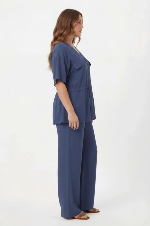 Bel Bağcık Detaylı V Yaka Kadın Büyük Beden Ceket Pantolon Takım Lacivert - 3