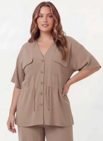 Bel Bağcık Detaylı V Yaka Kadın Büyük Beden Ceket Pantolon Takım Vizon - RMG (1)