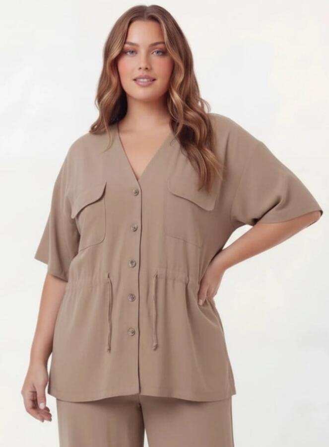 Bel Bağcık Detaylı V Yaka Kadın Büyük Beden Ceket Pantolon Takım Vizon - 2