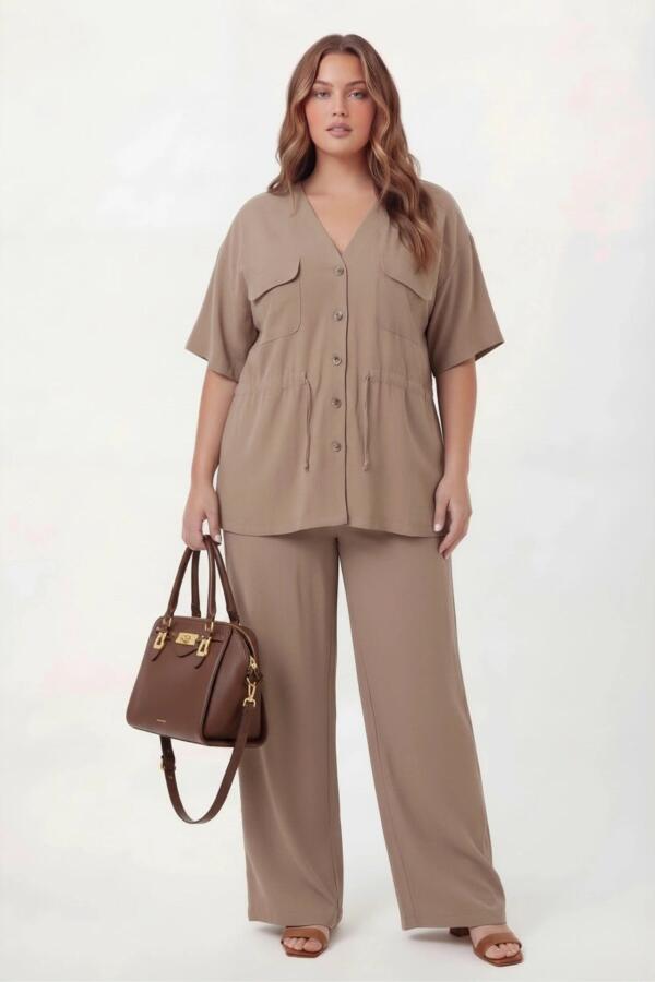 Bel Bağcık Detaylı V Yaka Kadın Büyük Beden Ceket Pantolon Takım Vizon - 4