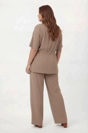 Bel Bağcık Detaylı V Yaka Kadın Büyük Beden Ceket Pantolon Takım Vizon - 5