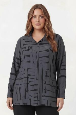 Bel Bağcıklı Büyük Beden İnce Ceket Füme - RMG